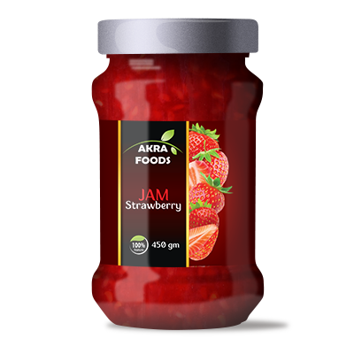 Akra Foods strawberry jam jar with fresh strawberries